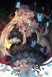 Rule 34 | 1girl, abigail williams (fate), black bow, black dress, black hat, blonde hair, bloomers, blue eyes, bokujuu, bow, bug, butterfly, commentary request, dress, fate/grand order, fate (series), hair bow, hat, heterochromia, hugging object, insect, key, long hair, long sleeves, looking at viewer, orange bow, orange eyes, parted bangs, polka dot, polka dot bow, sleeves past wrists, solo, stuffed animal, stuffed toy, teddy bear, tentacles, underwear, very long hair, white bloomers