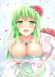 Rule 34 | 1girl, :d, bare shoulders, blush, bouquet, breast hold, breasts, bridal veil, bursting breasts, cleavage, collarbone, dress, elbow gloves, female focus, flower, gloves, green eyes, green hair, jewelry, jogie (artist), large breasts, long hair, looking at viewer, matching hair/eyes, necklace, open mouth, original, petals, smile, solo, veil, wedding dress, white gloves