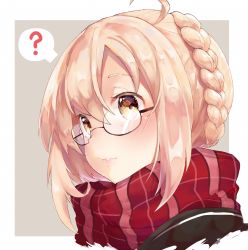 Rule 34 | 1girl, ?, ahoge, artoria pendragon (all), artoria pendragon (fate), bad id, bad pixiv id, black-framed eyewear, blonde hair, blush, braid, brown background, close-up, commentary request, crown braid, expressionless, fate (series), glasses, hair between eyes, highres, lips, mao ge, mysterious heroine x alter (fate), mysterious heroine x alter (first ascension) (fate), parted lips, plaid, plaid scarf, red scarf, saber (fate), scarf, semi-rimless eyewear, short hair, simple background, solo, speech bubble, spoken question mark, tareme, under-rim eyewear, upper body, yellow eyes
