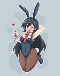 Rule 34 | 1girl, ;d, alternate costume, animal ears, armpits, bare shoulders, black hair, blue background, blue eyes, blush, bow, bowtie, breasts, detached collar, fake animal ears, full body, glasses, heart, highres, kantai collection, leotard, long hair, looking at viewer, necktie, one eye closed, ooyodo (kancolle), open mouth, pantyhose, playboy bunny, rabbit ears, red neckwear, semi-rimless eyewear, simple background, small breasts, smile, solo, v, wrist cuffs, yuuki shishin