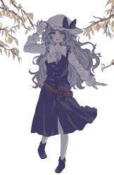 Rule 34 | 1girl, :d, arm up, belt, black bow, black footwear, blonde hair, blue dress, bow, branch, buttons, commentary request, curly hair, dress, feet out of frame, food, fruit, hat, hat bow, highres, leaf, light blush, long hair, looking at viewer, open mouth, partial commentary, simple background, smile, solo, standing, touhou, uranaishi (miraura), watatsuki no toyohime, white background, yellow eyes