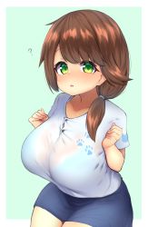 1girl :o ? blue_bra blue_skirt blush border bra bra_peek breasts brown_hair button_gap collarbone cowboy_shot curvy green_background green_eyes hands_up highres huge_breasts looking_at_viewer medium_hair original outside_border parted_lips ponytail see-through_clothes see-through_shirt shirt short_sleeves shortstack simple_background skirt solo strap sweat swept_bangs taut_clothes underwear watari1118 white_shirt wide_hips