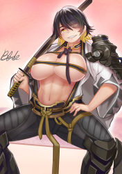 Rule 34 | 1girl, armor, breasts, character request, cleavage, female focus, huge breasts, katana, looking at viewer, qblade, solo, spread legs, sword, tagme, weapon