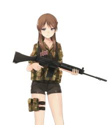 Rule 34 | 1girl, artist request, battle rifle, blue eyes, brown hair, fal (upotte!!), fn fal, gun, highres, long hair, non-web source, rhodesian camo, rifle, shorts, soldier, solo, thigh strap, upotte!!, weapon