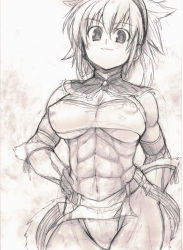 Rule 34 | 1girl, :3, abs, asaga aoi, breasts, female focus, hairband, headband, large breasts, monochrome, muscular, nipples, see-through, sketch, solo