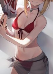 Rule 34 | 1girl, bare shoulders, bikini, blonde hair, blush, braid, breasts, clarent (fate), collarbone, fate (series), head out of frame, jewelry, long hair, mordred (fate), mordred (fate/apocrypha), mordred (swimsuit rider) (first ascension) (fate), navel, necklace, red bikini, sarong, sidelocks, small breasts, solo, swimsuit, sword, tonee, weapon