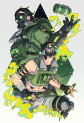 Rule 34 | 2boys, \n/, animification, apex legends, apex legends mobile, black headwear, cable, caustic (apex legends), colored smoke, cropped vest, double \n/, gas mask, goggles, green jacket, green vest, grey shorts, hair behind ear, hair slicked back, highres, holding, holding syringe, jacket, jbo, looking up, male focus, mask, mechanical legs, midriff, multiple boys, navel, octane (apex legends), official alternate costume, shorts, smoke, syringe, vermin control caustic, vest
