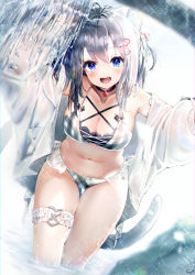 Rule 34 | 1girl, :d, absurdres, animal ear fluff, animal ears, bare shoulders, bell, bikini, black choker, blue eyes, blush, breasts, bridal garter, cat ears, cat girl, cat tail, choker, cleavage, collarbone, commentary, frills, gluteal fold, grey bikini, hair ornament, heart, heart hair ornament, highres, huge filesize, jacket, jingle bell, large breasts, leaning forward, long hair, long sleeves, looking at viewer, mole, mole under eye, navel, neck bell, one side up, open clothes, open jacket, open mouth, original, rasukii (pamiton), signature, silver hair, smile, solo, sparkle, swimsuit, tail, teeth, thigh gap, thighs, unzipped, upper teeth only, virtual youtuber, wading, water, wet jacket, white jacket