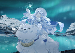 Rule 34 | 1girl, animal ears, aurora, bear, closed eyes, coat, fate/grand order, fate (series), fireworks, gloves, hat, holding, ice, jewelry, long hair, mono (freerotary), mountain, necklace, open mouth, riding, silver hair, sitonai (fate), smile, snow mountain, white gloves, white headwear, winter clothes, winter coat