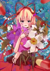 Rule 34 | 1girl, black eyes, blonde hair, doll joints, flower, hair ribbon, joints, lily of the valley, medicine melancholy, open mouth, pill, ribbon, scissors, short hair, solo, syringe, tamagogayu1998, touhou