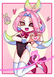 Rule 34 | 1girl, :d, absurdres, black leotard, border, bow, bowtie, citrusplatsoda, colored tips, green hair, heart, heart hands, heart in heart hands, high heels, highres, leotard, long hair, multicolored hair, nintendo, octoling, octoling girl, octoling player character, one eye closed, open mouth, outside border, pink background, pink bow, pink bowtie, pink footwear, pink hair, pink pupils, skindentation, smile, solo, splatoon (series), strapless, strapless leotard, tentacle hair, thighhighs, two-tone hair, white border, white thighhighs, yellow eyes