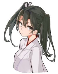 Rule 34 | 1girl, black hair, brown eyes, hair ribbon, highres, idashige (walkietalkie), japanese clothes, kantai collection, kimono, long hair, looking at viewer, ribbon, simple background, solo, twintails, upper body, white background, white kimono, white ribbon, zuikaku (kancolle)