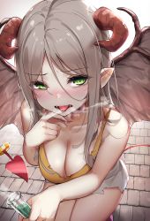Rule 34 | 1girl, bare shoulders, blush, breasts, breath, brown hair, cleavage, collarbone, commentary request, demon girl, demon horns, demon tail, demon wings, drooling, fangs, green eyes, highres, holding, horns, large breasts, liquid, long hair, looking at viewer, nose blush, open mouth, original, parted bangs, pointy ears, saliva, sidelocks, sleeveless, solo, squatting, tail, tank top, test tube, tongue, tongue out, v-shaped eyebrows, wet.elephant, wings
