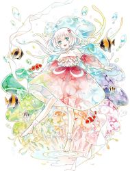 Rule 34 | ankle cuffs, anklet, bare shoulders, barefoot, clownfish, dekitani, detached sleeves, dress, fish, jellyfish, jewelry, necklace, original, pearl necklace, red dress, see-through, solo, water drop, white hair
