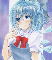 Rule 34 | 1girl, 2424yume, blue bow, blue dress, blue eyes, blue hair, bow, cirno, dress, hair bow, highres, ice, ice wings, marker (medium), neck ribbon, puffy short sleeves, puffy sleeves, red ribbon, ribbon, shirt, short sleeves, simple background, smile, solo, touhou, traditional media, white shirt, wings