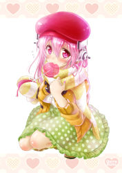 Rule 34 | 1girl, artist name, blush, candy, dress, flying sweatdrops, food, hat, headphones, heart, highres, lollipop, looking at viewer, mouth hold, nail polish, nitroplus, okitakung, pink eyes, pink hair, polka dot, polka dot dress, scarf, simple background, solo, squatting, striped clothes, striped scarf, super sonico, sweatdrop, white background