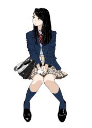 Rule 34 | 1girl, black bag, black footwear, black hair, blue jacket, blue shirt, blue socks, bow, bowtie, brown skirt, diagonal-striped bow, diagonal-striped bowtie, diagonal-striped clothes, full body, green eyes, highres, holding, holding paper, jacket, knees together feet apart, loafers, long hair, looking to the side, original, paper, plaid, plaid skirt, pleated skirt, red bow, red bowtie, sakamoto giulietta, shirt, shoes, sitting, skirt, socks, solo, striped bow, striped bowtie, striped clothes