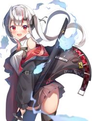 Rule 34 | 1girl, :d, absurdres, black jacket, black necktie, black ribbon, black thighhighs, blush, breasts, brown skirt, dress shirt, fang, gradient hair, grey hair, hair ornament, hair ribbon, hairclip, highres, hololive, horns, jacket, katana, long hair, looking at viewer, multicolored hair, nakiri ayame, nakiri ayame (streetwear), necktie, official alternate costume, oni, open mouth, pleated skirt, rappi, red eyes, red hair, ribbon, shirt, simple background, skin-covered horns, skin fang, skindentation, skirt, sleeveless, sleeveless shirt, small breasts, smile, solo, streaked hair, sword, thighhighs, twintails, virtual youtuber, weapon, white background, white shirt, x hair ornament
