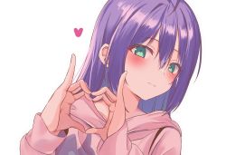 Rule 34 | 1girl, ahoge, blush, expressionless, green eyes, heart, heart hands, highres, hood, hoodie, idolmaster, idolmaster million live!, kuro kinkan, looking at viewer, mochizuki anna, pink hoodie, purple hair, simple background, solo, symbol-only commentary, upper body, white background
