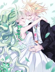 Rule 34 | 1boy, 1girl, absurdres, blonde hair, brother and sister, closed eyes, collared shirt, dancing, dress, formal, green hair, highres, hug, long hair, mii (m 730424), multicolored necktie, necktie, open mouth, otogami mimin, pppppp, shirt, siblings, simple background, smile, sonoda lucky, suit, very long hair, waist hug
