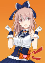 Rule 34 | 1girl, alice gear aegis, bare shoulders, commentary request, dress, english text, gloves, hair ribbon, open mouth, orange background, pink eyes, pink hair, ribbon, shimada fumikane, simple background, sleeveless, sleeveless dress, solo, sweat, yotsuya yumi