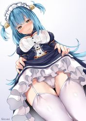 Rule 34 | 1girl, artist name, azur lane, blue hair, blush, breasts, clothes lift, from below, garter straps, hair ornament, highres, kaetzchen, lifting own clothes, long hair, looking at viewer, maid headdress, medium breasts, neptune (azur lane), panties, see-through, simple background, skirt, skirt lift, solo, thighhighs, two side up, underwear, white background, white thighhighs, yellow eyes