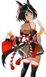 Rule 34 | 1girl, absurdres, animal ears, bare shoulders, black hair, black sleeves, black thighhighs, brown skirt, commentary request, dango, detached sleeves, food, food in mouth, from behind, highres, holding, holding lantern, horse ears, horse girl, horse tail, kitasan black (umamusume), lantern, long sleeves, looking at viewer, looking back, mouth hold, multicolored hair, naeng chim, paper lantern, pleated skirt, red eyes, simple background, skirt, solo, streaked hair, tail, thighhighs, two side up, umamusume, wagashi, white background, white hair, wide sleeves