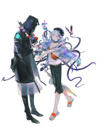 Rule 34 | 1boy, 1other, arknights, beret, black gloves, black jacket, black pants, blue hair, blue jacket, closed eyes, cup, doctor (arknights), earrings, fanny pack, flower wreath, food, full body, gloves, hair ornament, hairpin, hat, highres, holding, holding cup, holding food, hood, hooded jacket, jacket, jewelry, kaifei (kaifei 29), mask, mizuki (arknights), pants, sandals, shirt, simple background, single earring, smile, tentacles, white background, white shirt