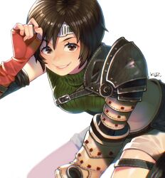 Rule 34 | 1girl, belt buckle, black hair, breasts, brown eyes, brown hair, buckle, commentary request, cowboy shot, cropped sweater, final fantasy, final fantasy vii, final fantasy vii rebirth, final fantasy vii remake, fingerless gloves, gloves, green sweater, hand up, headband, highres, kuzuno ha, lips, looking at viewer, medium breasts, parted lips, short hair, shorts, shoulder belt, signature, simple background, single shoulder pad, sleeveless, sleeveless turtleneck, smile, solo, sweater, thigh strap, turtleneck, turtleneck sweater, white background, yuffie kisaragi