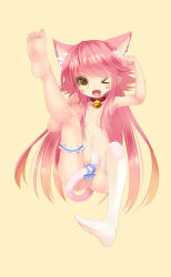 Rule 34 | 1girl, animal ears, barefoot, bell, blush stickers, bridal garter, cat ears, cat tail, censored, collar, convenient censoring, fang, feet, gradient background, highres, mvv, navel, neck bell, no shoes, nude, one eye closed, original, paw pose, pink hair, rancy, single sock, single thighhigh, socks, soles, solo, tail, thighhighs, toes, wink