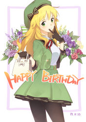 Rule 34 | 1girl, bag, black bow, black gloves, black pantyhose, blonde hair, blush, bow, closed mouth, collared shirt, cowboy shot, dated, gloves, green eyes, green hat, green jacket, green skirt, gulim, handbag, happy birthday, hat, hat bow, highres, holding, holding bag, hoshii miki, idolmaster, idolmaster (classic), jacket, layered skirt, long hair, looking at viewer, miniskirt, neck ribbon, open clothes, open jacket, pantyhose, red ribbon, ribbon, shirt, skirt, smile, solo, standing, striped, striped bow, v, very long hair, white shirt, wing collar