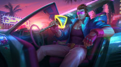 Rule 34 | 1boy, absurdres, alternate costume, bird, black hair, blurry, blurry background, brown hair, building, car, chest hair, city, city lights, collared jacket, demacia vice garen, demacia vice lucian, facial hair, feet out of frame, fingerless gloves, garen (league of legends), gloves, hairy, highres, jacket, league of legends, leather, leather belt, long hair, looking at viewer, lucian (league of legends), male focus, manly, mature male, mirror, motor vehicle, muscular, muscular male, neon lights, over shoulder, palm tree, pants, pectoral cleavage, pectorals, reflection, sitting, sky, smirk, solo, spread legs, stubble, sunglasses, sunlight, sunset, sword, tank top, tree, weapon, weapon over shoulder, zeenchin
