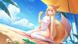Rule 34 | 1girl, animal ears, ars.rin, beach, beach umbrella, blonde hair, blue sky, breasts, cloud, commentary request, contrail, covered navel, day, dutch angle, fox ears, fox tail, heart, horizon, long hair, looking at viewer, ocean, one-piece swimsuit, orange eyes, original, outdoors, palm tree, sitting, sky, small breasts, solo, swimsuit, tail, thighhighs, tree, turtleneck, umbrella, wariza, white one-piece swimsuit, white thighhighs