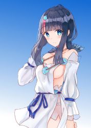 Rule 34 | 1girl, akaya (pixiv20545353), bare shoulders, black hair, blue background, blue eyes, blue ribbon, blunt bangs, blush, breasts, closed mouth, collarbone, dress, fate/grand order, fate/requiem, fate (series), fundoshi, gradient background, hand in own hair, highres, japanese clothes, jewelry, long sleeves, looking at viewer, magatama, magatama hair ornament, medium breasts, medium hair, multicolored hair, necklace, pelvic curtain, pink hair, puffy long sleeves, puffy sleeves, ribbon, short dress, sideboob, sideless outfit, smile, streaked hair, thighs, two-sided fabric, utsumi erice, white dress
