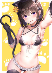 Rule 34 | 1girl, anger vein, animal ear fluff, animal ears, armpits, bare shoulders, bikini, black bikini, black choker, black gloves, black thighhighs, breasts, breasts apart, brown hair, cat ears, cat girl, cat tail, choker, cowboy shot, foreshortening, frilled bikini, frills, front-tie bikini top, front-tie top, frown, gloves, gluteal fold, groin, hair ornament, hand up, highres, holding, holding tail, looking at viewer, medium breasts, navel, open mouth, original, outstretched arm, paw print, paw print background, purple eyes, selfie, short hair, sidelocks, skindentation, solo, stomach, sunhyun, swimsuit, tail, thighhighs, v-shaped eyebrows, x hair ornament, yellow background