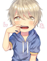 Rule 34 | 1boy, alk, blonde hair, blush, cheek pull, fangs, hair between eyes, hood, hoodie, looking at viewer, male focus, mouth pull, open mouth, original, simple background, solo, tongue, white background, yellow eyes