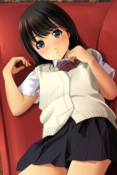 Rule 34 | 1girl, black bow, black bowtie, black eyes, black hair, black skirt, blush, bow, bowtie, clenched hands, commentary request, couch, hands up, highres, looking at viewer, lying, matsunaga kouyou, on back, on counter, original, parted lips, red bow, red bowtie, school uniform, short sleeves, skirt, solo, striped bow, striped bowtie, striped clothes, striped neckwear, sweater vest