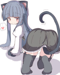 Rule 34 | 1girl, absurdres, all fours, animal ears, animal hands, ass, black gloves, black skirt, black thighhighs, blue hair, blush, cat ears, cat tail, commentary, garter straps, gloves, heart, highres, idolmaster, idolmaster cinderella girls, jitome, juliet sleeves, long hair, long sleeves, looking at viewer, no shoes, paw gloves, puffy sleeves, red eyes, sajo yukimi, shadow, shirt, sidelocks, skirt, smile, solo, spoken heart, tail, thighhighs, thighs, umberblack, white background, white shirt