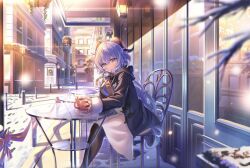 Rule 34 | 1girl, ahoge, alternate costume, black jacket, blue hair, building, dress, ganyu (genshin impact), genshin impact, goat horns, horns, jacket, ktm, long hair, long sleeves, looking at viewer, looking to the side, on chair, open clothes, open jacket, outdoors, purple eyes, sitting, snow, solo, table, very long hair, white dress
