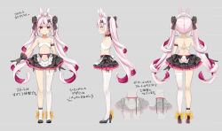 Rule 34 | 1girl, animal ears, asymmetrical legwear, bare shoulders, black footwear, black gloves, black skirt, bow, butt crack, clothing cutout, color guide, criss-cross halter, facing away, garter straps, gloves, grey background, halterneck, high heels, multicolored hair, multiple views, natsume eri, navel, navel cutout, pleated skirt, purple hair, rabbit ears, rabbit girl, rabbit tail, red eyes, shoes, short eyebrows, single sock, single thighhigh, skirt, socks, streaked hair, tail, tail through clothes, thick eyebrows, thighhighs, tomari mari, tomari mari channel, translation request, two-tone hair, uneven legwear, virtual youtuber, white thighhighs, x-ray, yellow bow