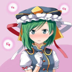 Rule 34 | 1girl, asymmetrical hair, blue eyes, blush, clenched hand, crown, gloves, green hair, heartbeat, looking at viewer, mono (mono60), parted lips, pink background, puffy short sleeves, puffy sleeves, shiki eiki, short hair, short sleeves, solo, tabard, touhou, white gloves