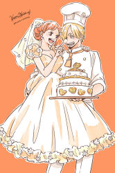 Rule 34 | 1boy, 1girl, blonde hair, bridal veil, cake, carrying, chef hat, commentary request, curly eyebrows, dress, facial hair, food, goatee, hair bun, hair over one eye, hat, hatch (8cco), highres, holding, holding plate, jewelry, looking at another, nami (one piece), necklace, one piece, orange background, orange hair, orange nails, pants, plate, sanji (one piece), simple background, single sidelock, veil, wedding dress, white pants