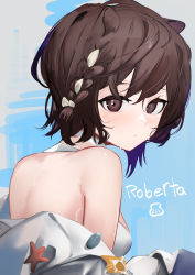 Rule 34 | 1girl, absurdres, ao oni (onioni-aoi), arknights, bare shoulders, blue background, braid, brown eyes, brown hair, character name, commentary, highres, off shoulder, official alternate costume, roberta (arknights), roberta (summer flowers) (arknights), short hair, solo, upper body