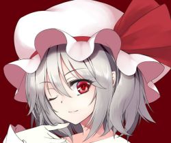 Rule 34 | collarbone, eyelashes, finger to mouth, hat, hat ribbon, looking at viewer, one eye closed, pointy ears, red eyes, remilia scarlet, ribbon, silver hair, smile, solo, touhou, utakata (kochou no yume)