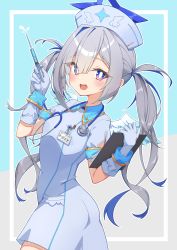 Rule 34 | 1girl, absurdres, amane kanata, blue dress, blue eyes, blue gloves, blue hair, blue hat, blush, clipboard, colored inner hair, commentary request, covered navel, dress, eyes visible through hair, feathered wings, gloves, halo, hat, highres, holding, holding clipboard, holding syringe, hololive, huge filesize, long hair, looking at viewer, multicolored hair, nurse, nurse cap, open mouth, pink hair, quarterlift, short sleeves, silver hair, smile, solo, star halo, stethoscope, streaked hair, syringe, twintails, twisted torso, very long hair, virtual youtuber, wings, wrist cuffs