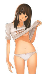 Rule 34 | 1girl, :p, bow, bow panties, breasts, brown eyes, brown hair, clothes lift, clothes writing, colorized, head tilt, long hair, navel, no pants, original, panties, shirt lift, solo, stomach, tongue, tongue out, underwear, white panties, yoshitomi akihito