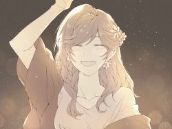 Rule 34 | 1girl, :d, arm up, black jacket, brown hair, closed eyes, earrings, flower, hair flower, hair ornament, highres, jacket, jewelry, jiukuzi18797, long hair, night, night sky, open clothes, open jacket, open mouth, rosa (tears of themis), shirt, short sleeves, sky, smile, solo, star (sky), tears of themis, white shirt