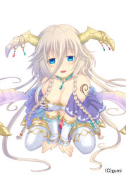 Rule 34 | 1girl, :d, bangle, blue eyes, bracelet, braid, breasts, cleavage, falkyrie no monshou, heart, horns, jewelry, large breasts, long hair, looking at viewer, lots of jewelry, open mouth, sitting, smile, solo, soukuu kizuna, thighhighs, tiamat (falkyrie no monshou), twin braids, very long hair, watermark, white background, white hair, white thighhighs
