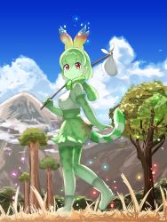 Rule 34 | 1girl, animal ears, bare shoulders, bow, bowtie, cellval, colored skin, commentary request, elbow gloves, extra ears, full body, gloves, green bow, green bowtie, green footwear, green gloves, green hair, green skin, green skirt, green thighhighs, high-waist skirt, highres, kemono friends, multicolored hair, print bow, print bowtie, print gloves, print neckwear, print skirt, print thighhighs, rainbow hair, red eyes, serval print, serval tail, shi (kamokamo910), shirt, short hair, skirt, sleeveless, solo, sparkle, tail, thighhighs, walking, white shirt