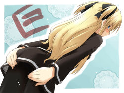 Rule 34 | 1girl, black pantyhose, blonde hair, blue eyes, covering ass, covering privates, eretto, hair ribbon, long hair, panties, panties under pantyhose, pantyhose, quiz magic academy, ribbon, school uniform, serafuku, shalon, solo, striped clothes, striped panties, underwear